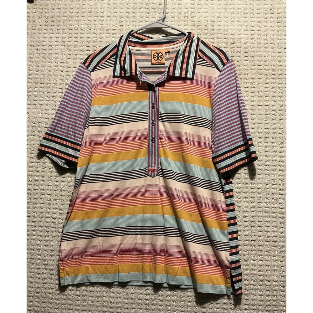 Tory Burch Striped Short Sleeve Polo 1/2 Button L Women Teal Gold Orange Plum